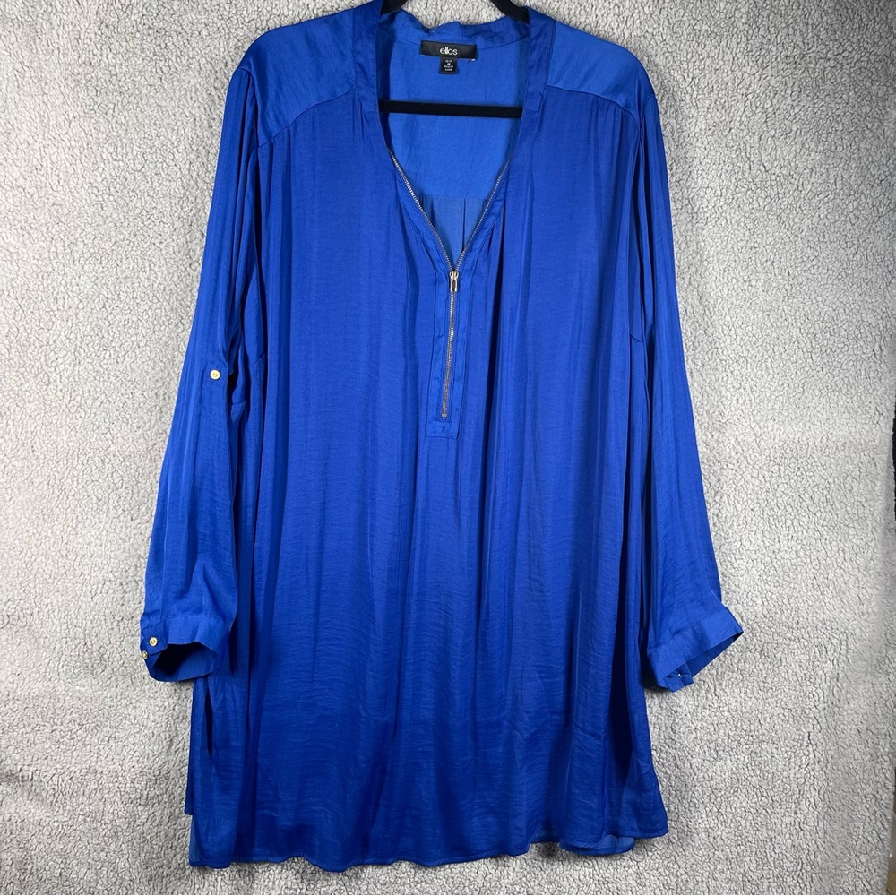 Ellos Blouse 2X 26 28 Blue V Neck Zip Button Roll Sleeves